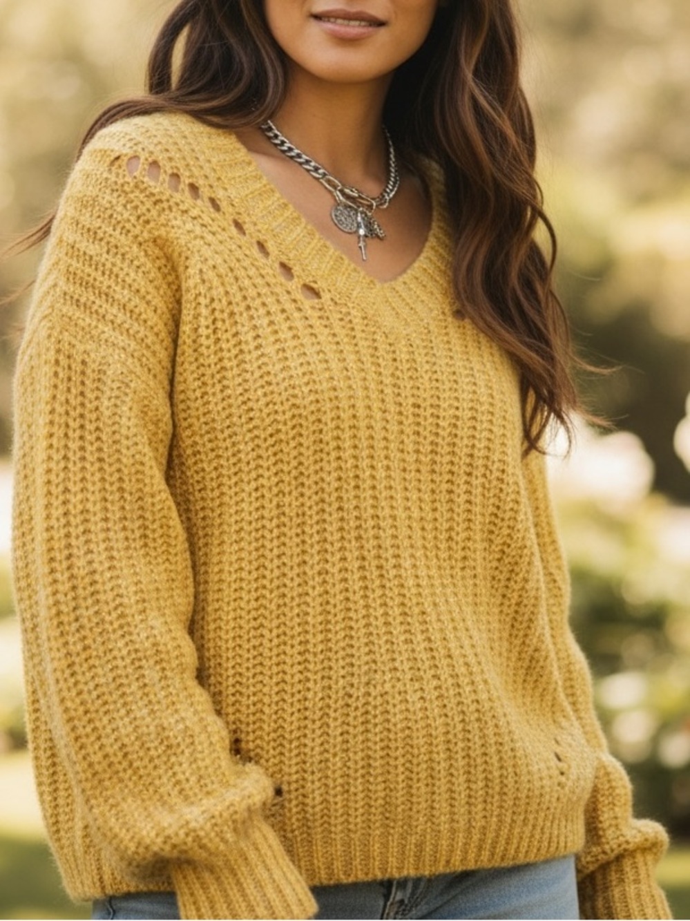 Ballot Women’s Mustard Chunky Knit V-Neck Sweater | Size M
